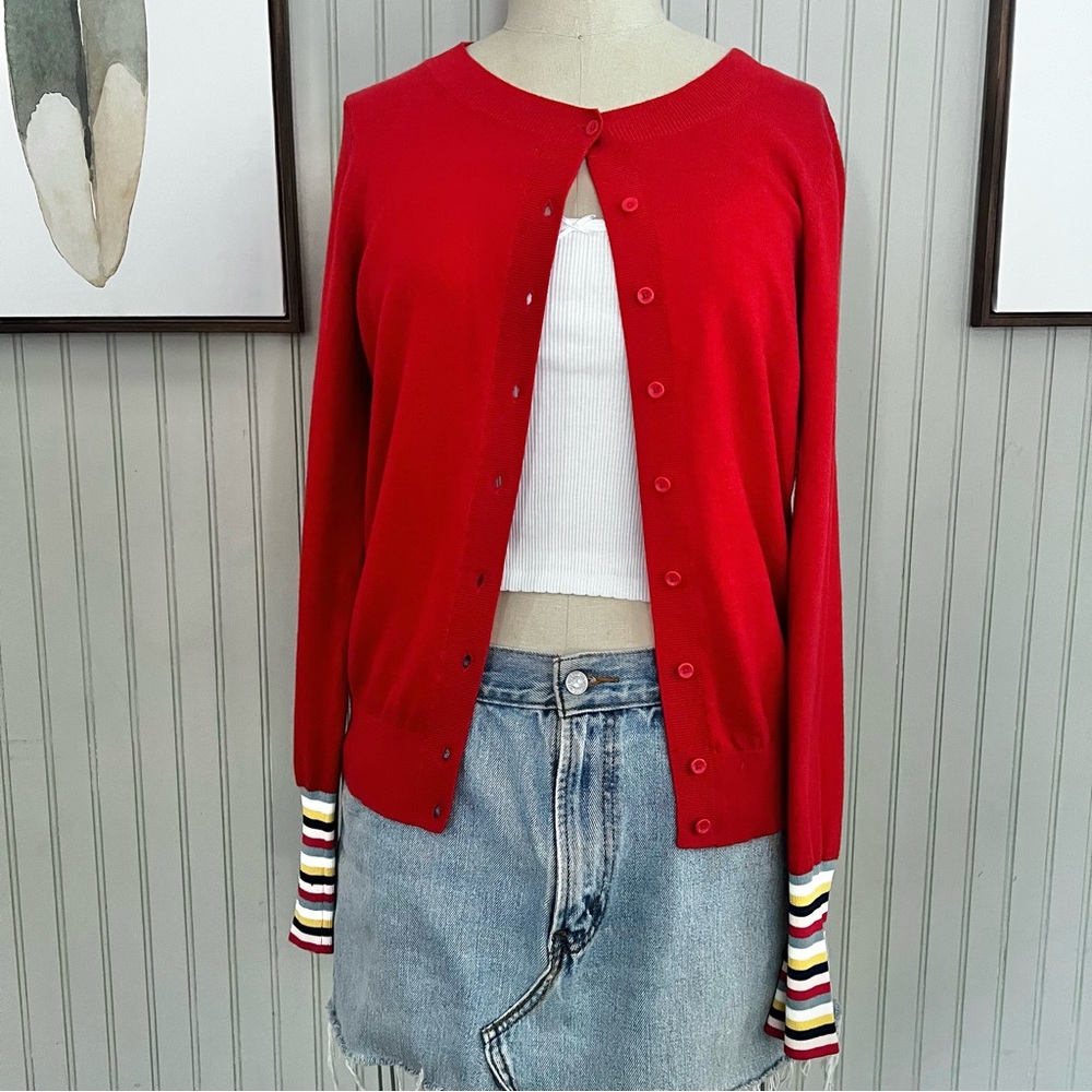Boden Red Button Front Cardigan with Striped Cuffs Wool & Cotton Small